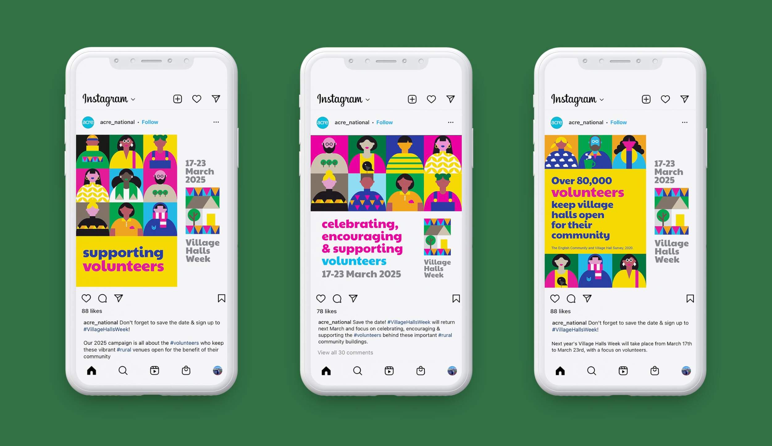 Three Village Halls Week social posts set in mobile phone screens on a dark green background